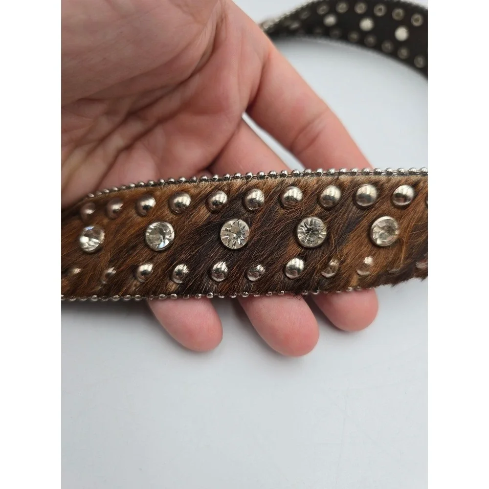 Nocona Belt Western Womens M Brown Studded Rhinestone Calf Hair Leather